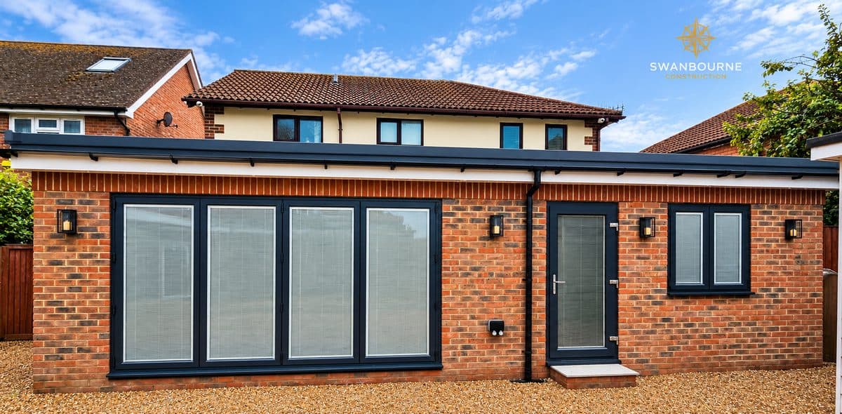 Straight-on view of the finished rear extension against the back of the two-storey house in Bognor Regis