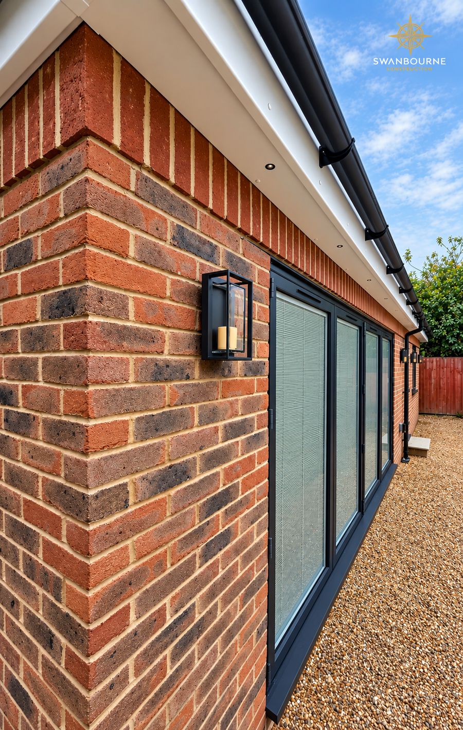 Close-up of the brick corner, wall light and bifold frame on the finished Bognor Regis extension